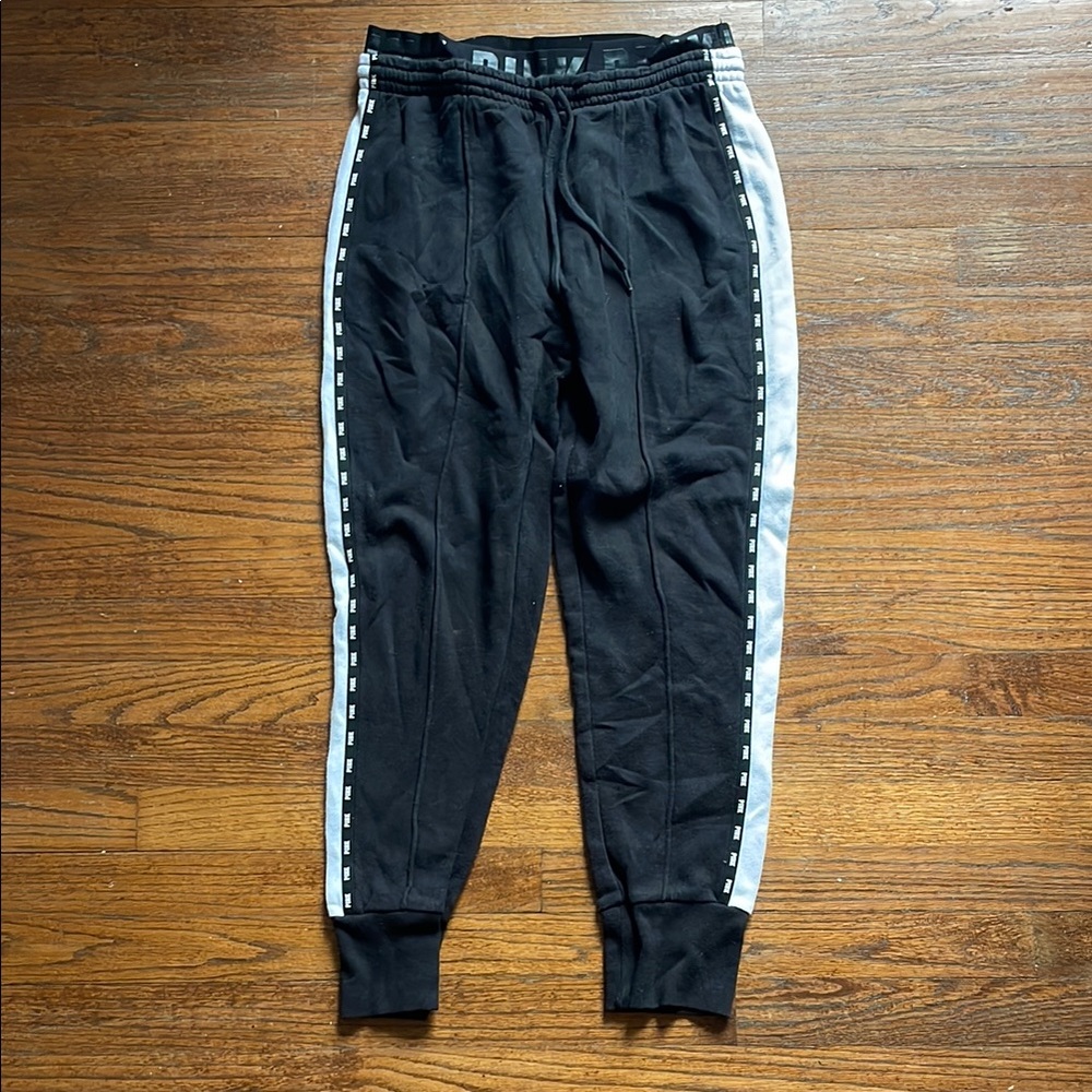 PINK Victoriaโs Secret Black and White Logo Joggers